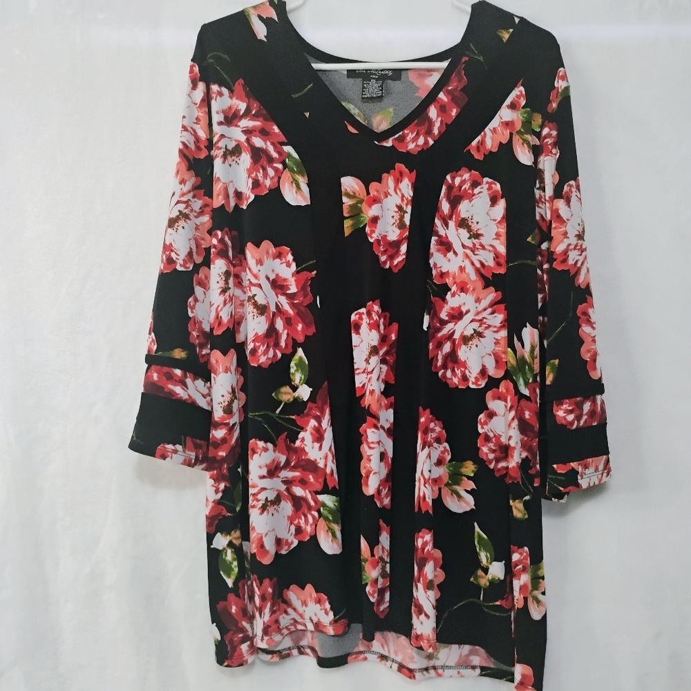Elie McCarthy Womens 2X Black Red Floral V Neck Tunic Blouse P